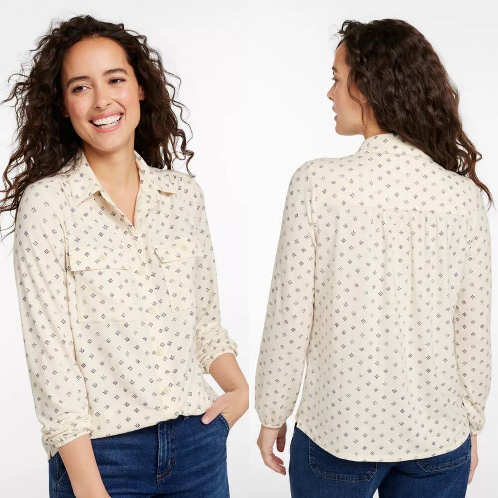 L.L. Bean Camden Hills Button Front Shirt in Cream Indigo Block Dot Print